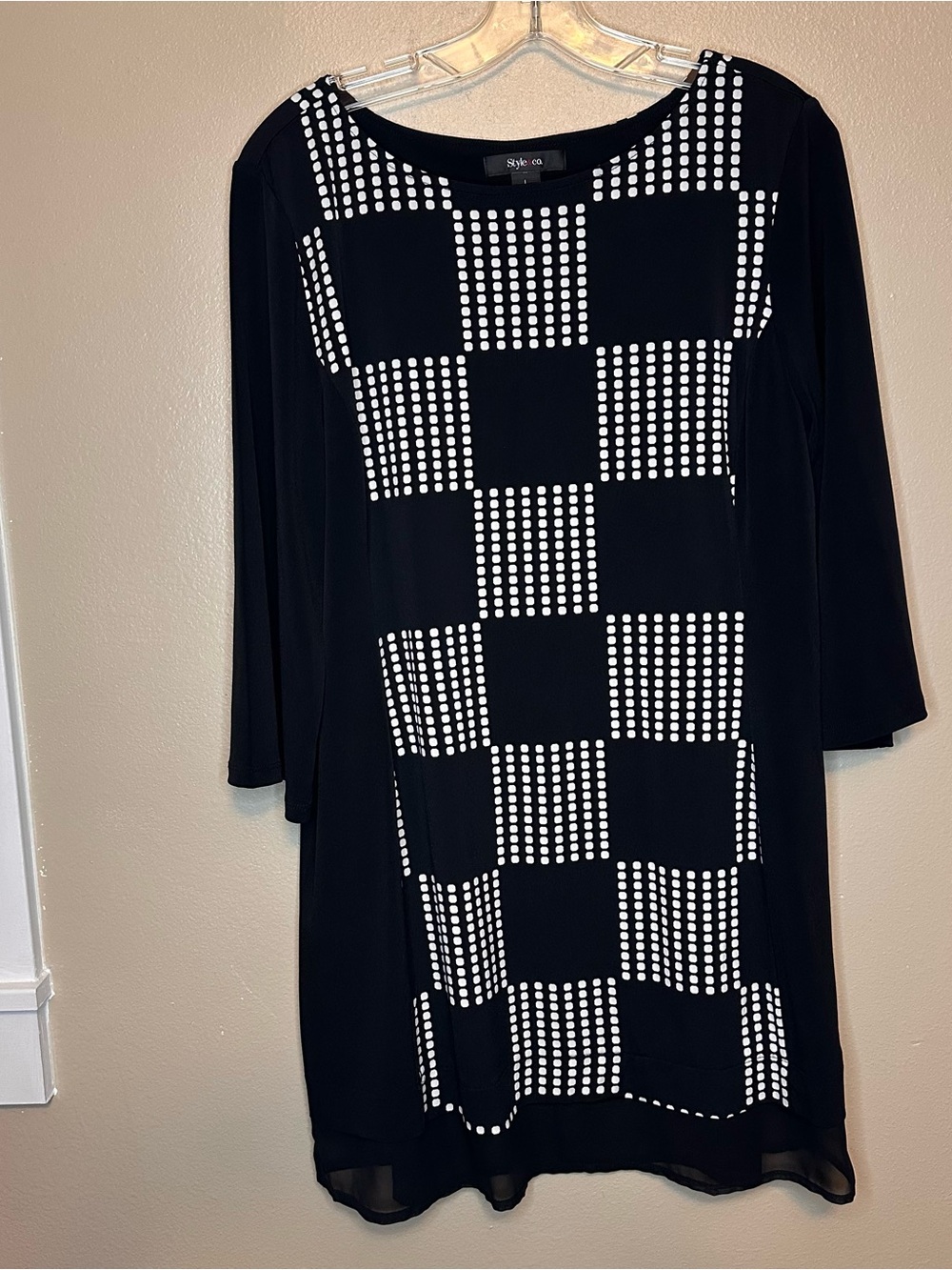 Style & Co. Black and White Checked Dot-Accent Long Sleeve Dress